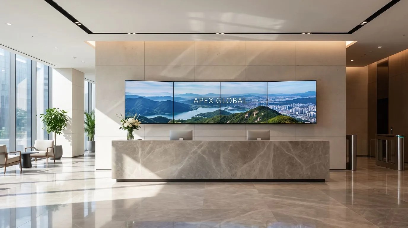 An interactive wayfinding directory in a building lobby
