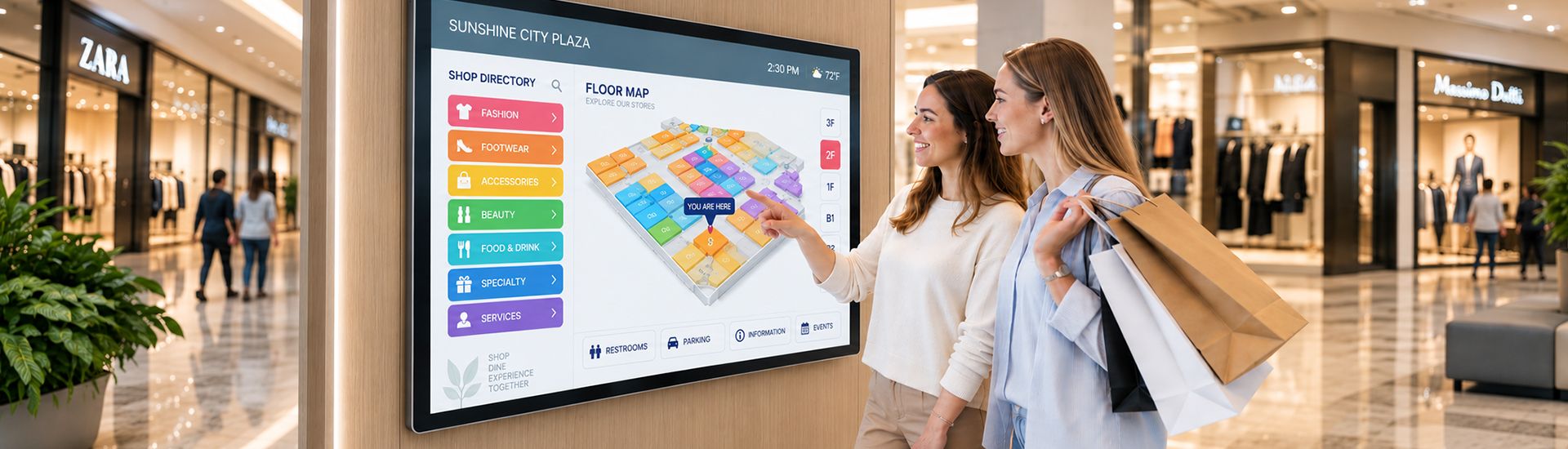 Two shoppers using an interactive mall directory and floor-map kiosk