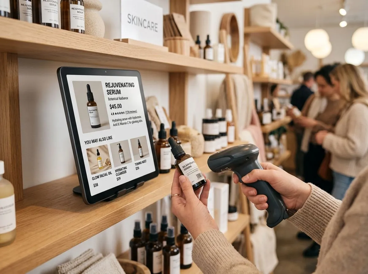 A shopper scanning a skincare serum next to a shelf screen showing its price, description and a row of recommended products