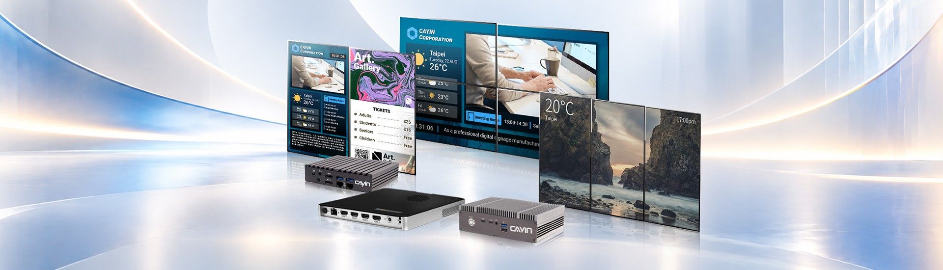 CAYIN SMP digital signage players driving a single screen and a video wall