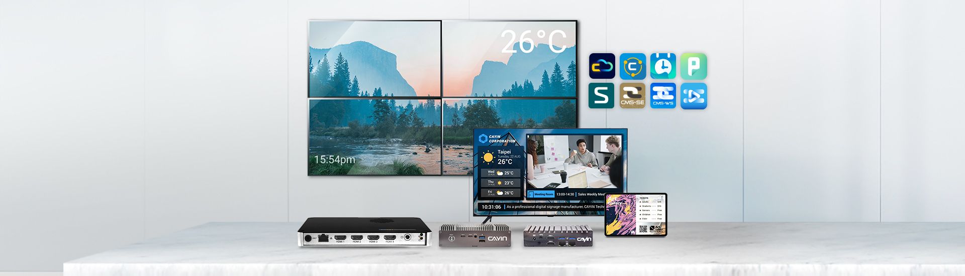 CAYIN SMP digital signage players driving a single screen and a video wall
