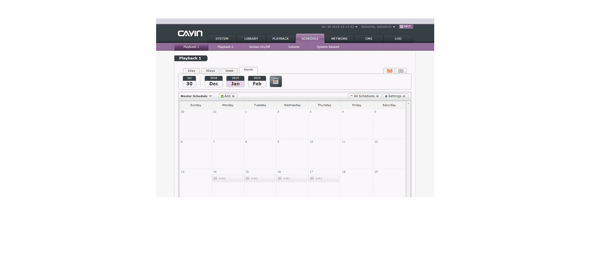SMP-2210 management interface, Schedule view