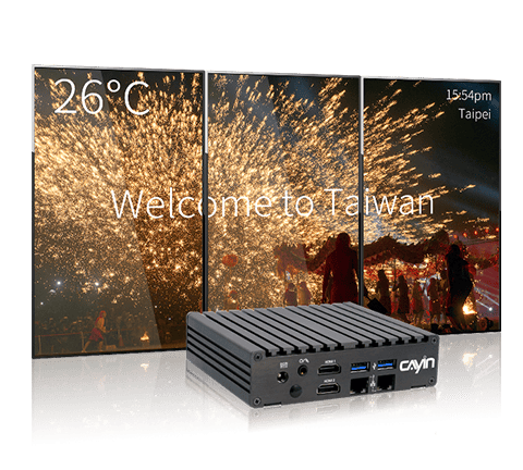 SMP-2210 compact triple output digital signage player with 2 HDMI and 1 VGA outputs for 3 displays