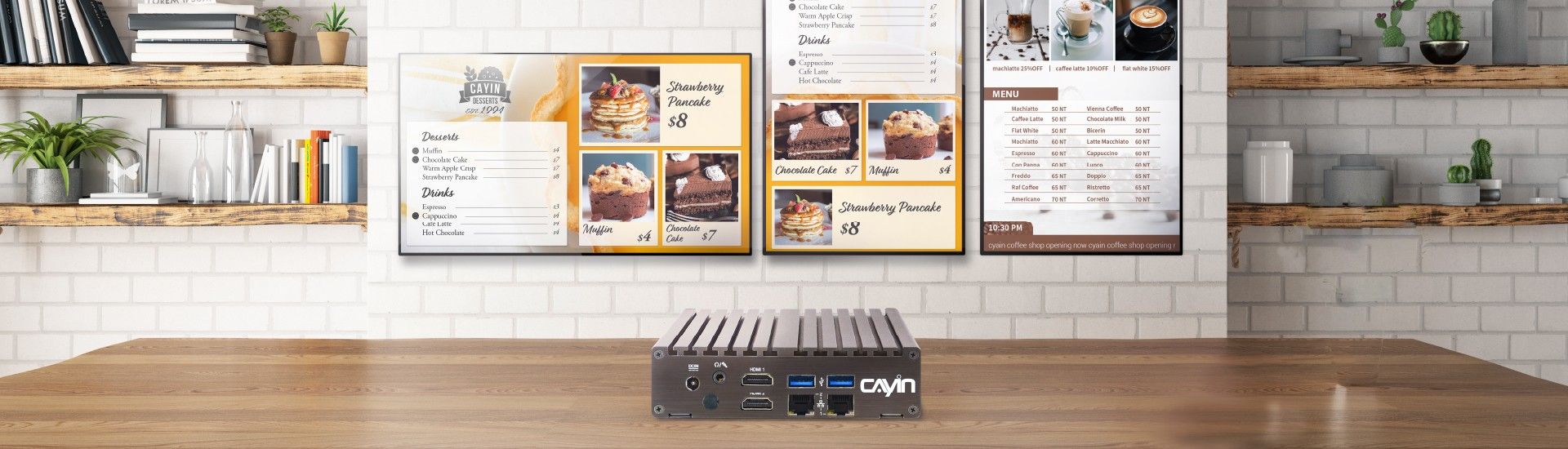 SMP-2210 compact digital signage player powering menu board displays in a restaurant